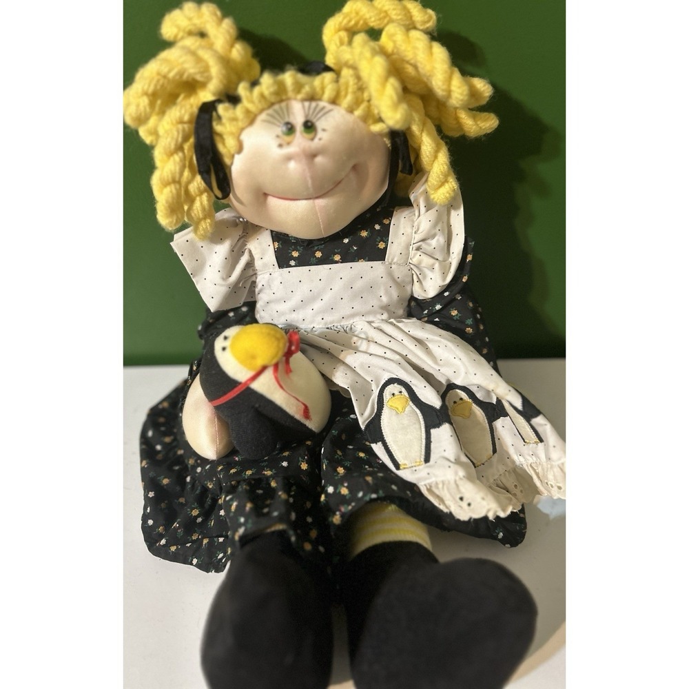 Handcrafted Soft Sculpture Cloth Doll Yellow Yarn Hair Penguin Apron Vintage